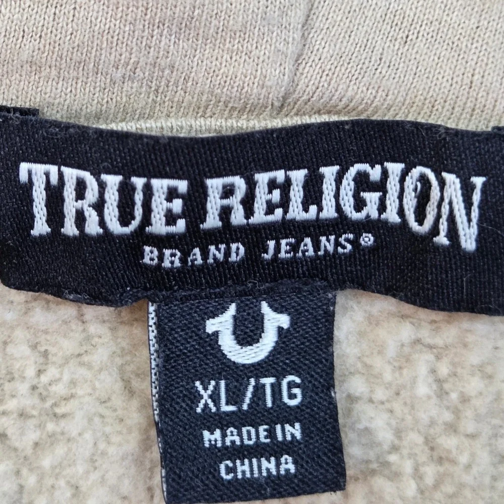 True Religion Zip Up Hoodie Mens XL Buddha Horseshoe Logo Fleece Graphic Khaki